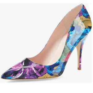 YDN Purple Floral Pointed Closed Toe Stiletto Heel Pump Slip on Slide Dress Shoe